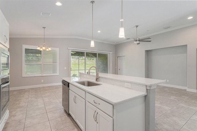 1602 W Caroline Path, Lecanto, FL 34461 - kitchen featuring a sink, crown molding, ceiling fan, stainless steel appliances, and light tile patterned floors