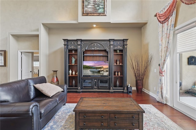 living area featuring dark wood-style flooring and a high ceiling