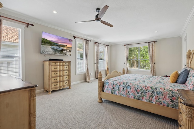 bedroom with light colored carpet, baseboards, ornamental molding, ceiling fan, and recessed lighting