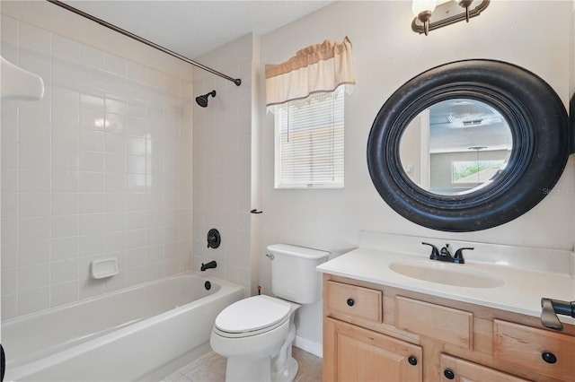 full bath with toilet, shower / bath combination, vanity, tile patterned floors, and baseboards