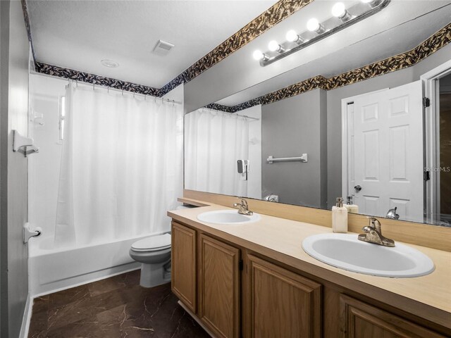 408 Becky St, Orlando, FL 32824 - bathroom featuring toilet, marble look tiles, shower / tub combo with curtain, and double vanity