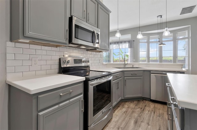 12411 Scarlett Sage Ct, Winter Garden, FL 34787 - kitchen with gray cabinetry, appliances with stainless steel finishes, a sink, light wood-style flooring, and decorative backsplash