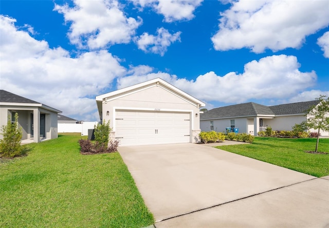 ranch-style home with concrete driveway, stucco siding, a front lawn, and a garage