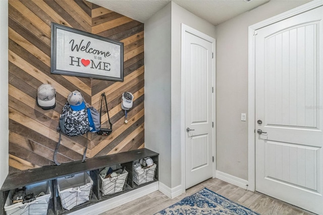 2539 Auburn Ridge Dr, Apopka, FL 32712 - mudroom with wood walls, light wood-style flooring, and baseboards