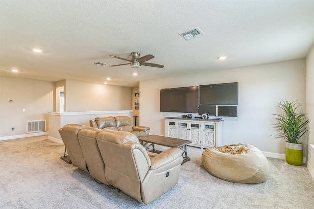 2539 Auburn Ridge Dr, Apopka, FL 32712 - carpeted living room featuring ceiling fan, recessed lighting, baseboards, and a textured ceiling