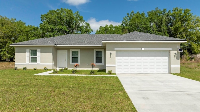 ranch-style house with a front yard, stucco siding, a garage, driveway, and a shingled roof