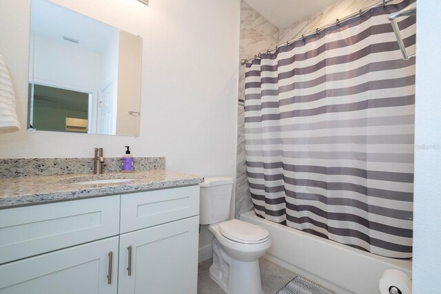 bathroom with toilet, vanity, tile patterned flooring, and shower / bathtub combination with curtain