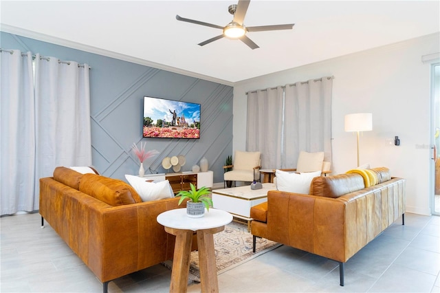 2836 Simile St, Kissimmee, FL 34746 - living room featuring ceiling fan, ornamental molding, baseboards, and light tile patterned flooring