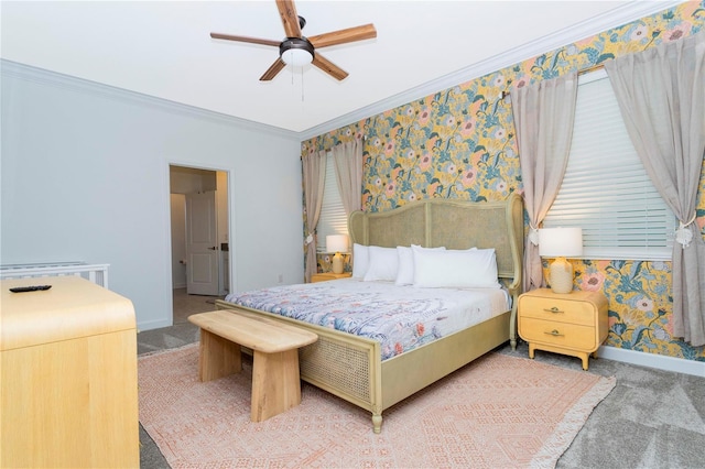 2836 Simile St, Kissimmee, FL 34746 - bedroom featuring light colored carpet, wallpapered walls, ornamental molding, baseboards, and a ceiling fan