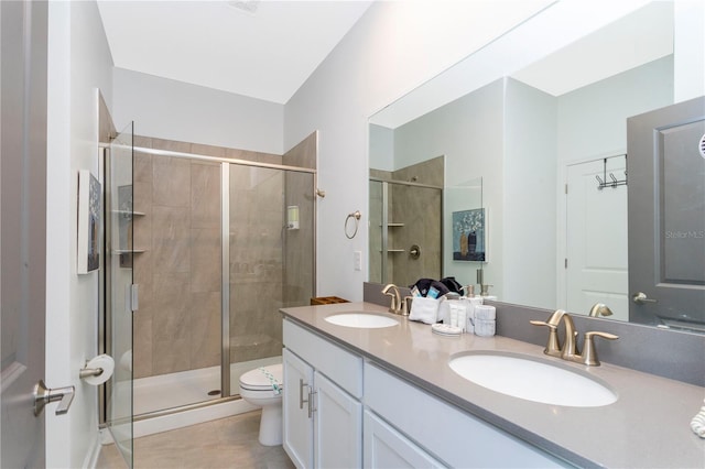 2836 Simile St, Kissimmee, FL 34746 - full bathroom featuring a stall shower, toilet, double vanity, and tile patterned flooring