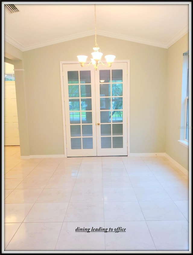 unfurnished dining area featuring a chandelier, baseboards, crown molding, light tile patterned floors, and french doors