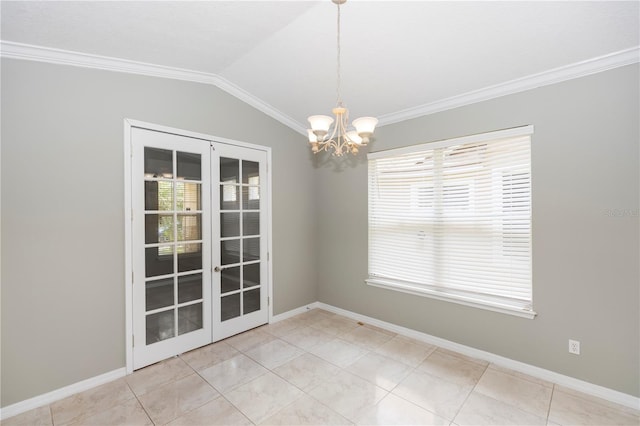 6728 Duncaster St, Windermere, FL 34786 - empty room featuring ornamental molding, a chandelier, french doors, vaulted ceiling, and baseboards
