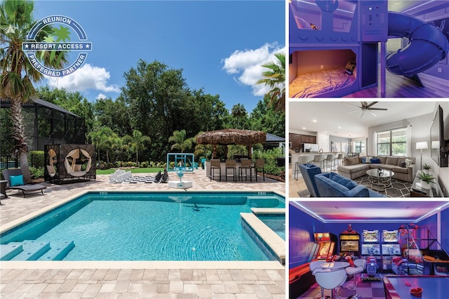 view of swimming pool with outdoor lounge area, a pool with connected hot tub, ceiling fan, and a patio area