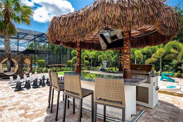 view of patio featuring an outdoor kitchen and a lanai
