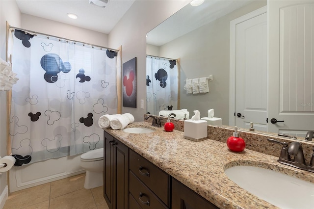 bathroom with toilet, tile patterned flooring, shower / bathtub combination with curtain, and double vanity