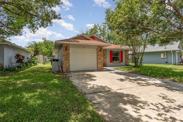 ranch-style house with driveway, brick siding, a front yard, and an attached garage