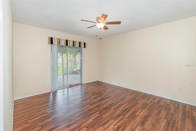 unfurnished room featuring a ceiling fan, wood finished floors, baseboards, and a textured ceiling