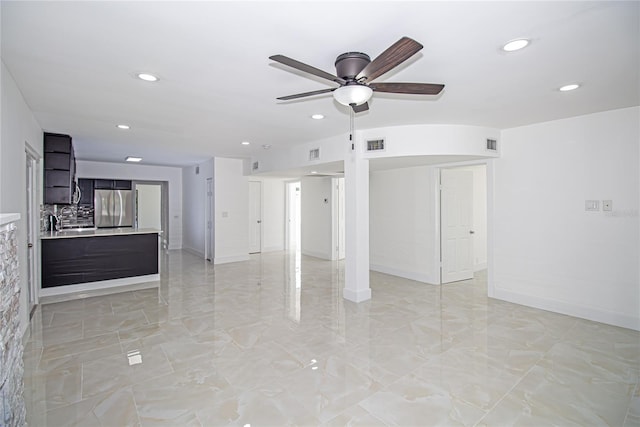 4324 Garden Ave, West Palm Beach, FL 33405 - unfurnished living room featuring ceiling fan, recessed lighting, light marble finish floors, and baseboards