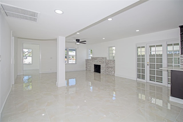 4324 Garden Ave, West Palm Beach, FL 33405 - unfurnished living room with baseboards, a ceiling fan, light marble finish floors, and recessed lighting