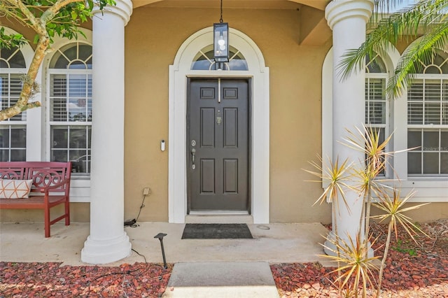 doorway to property featuring stucco siding and covered porch