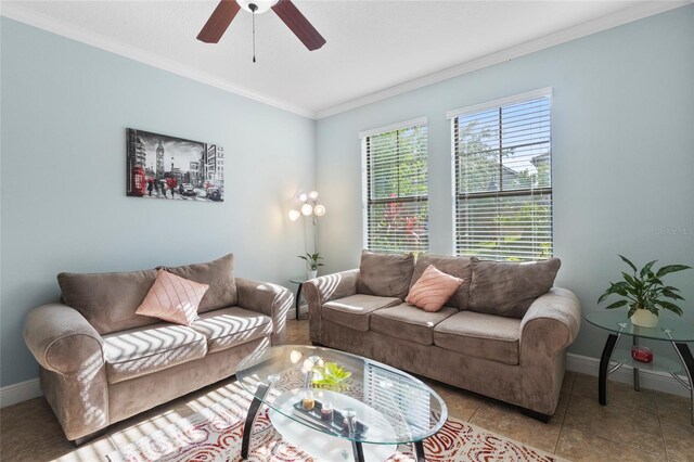 1978 Fishtail Fern Way, Ocoee, FL 34761 - living area featuring ceiling fan, baseboards, ornamental molding, and tile patterned flooring