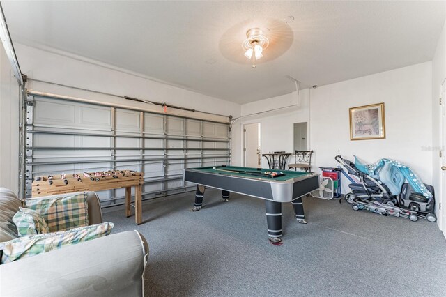 playroom featuring electric panel, billiards, a garage, and carpet flooring