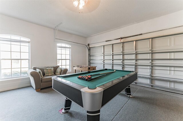 game room with carpet floors, billiards, and ceiling fan