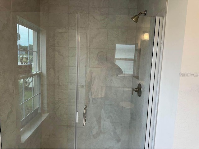 bathroom with a shower stall
