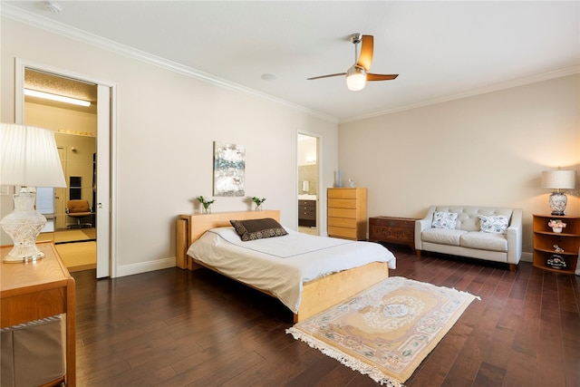 11706 Waterstone Loop Dr, Windermere, FL 34786 - bedroom with wood-type flooring, crown molding, baseboards, ensuite bathroom, and a ceiling fan