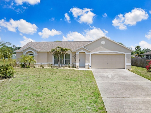 ranch-style home with a garage, concrete driveway, and stucco siding