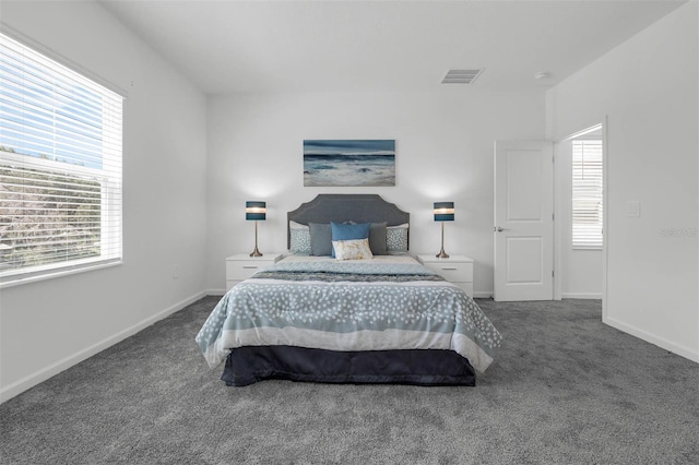 bedroom with multiple windows, carpet flooring, and baseboards
