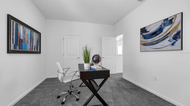 office featuring dark colored carpet and baseboards