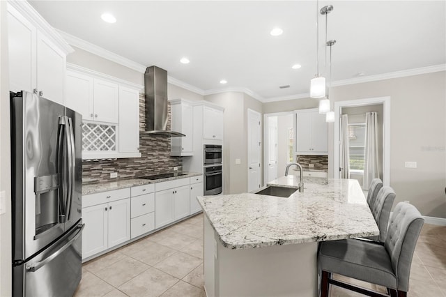 31754 Red Tail Blvd, Sorrento, FL 32776 - kitchen with appliances with stainless steel finishes, wall chimney range hood, a sink, light tile patterned floors, and backsplash