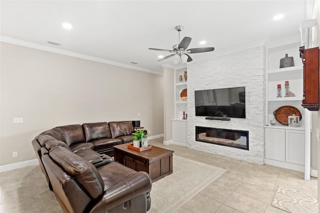 31754 Red Tail Blvd, Sorrento, FL 32776 - living room featuring ceiling fan, light tile patterned flooring, built in shelves, baseboards, and ornamental molding