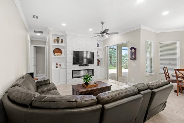 31754 Red Tail Blvd, Sorrento, FL 32776 - living room featuring light tile patterned floors, ceiling fan, recessed lighting, built in features, and ornamental molding