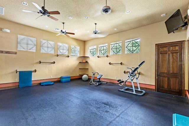 31754 Red Tail Blvd, Sorrento, FL 32776 - workout room with a textured ceiling, baseboards, ceiling fan, and recessed lighting