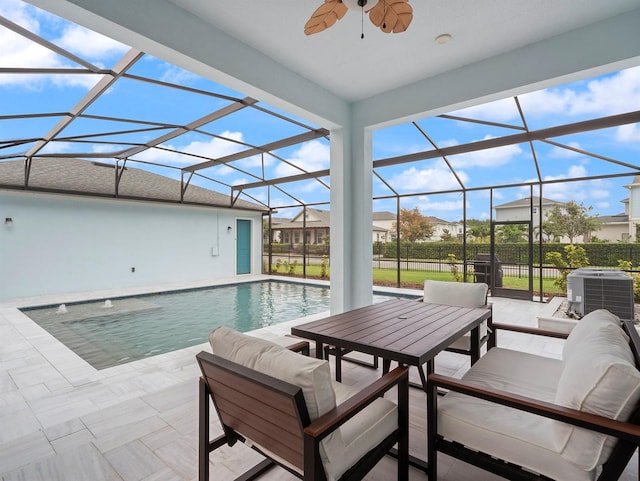 6875 Bridgman St, Orlando, FL 32827 - swimming pool with a patio, ceiling fan, cooling unit, an outdoor living space, and a lanai