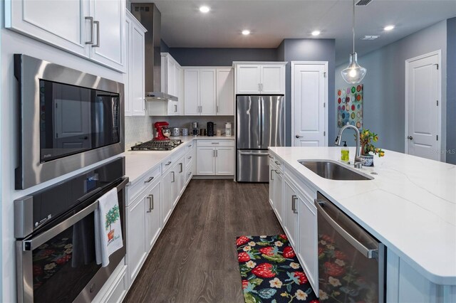 1212 Civitas Way, Winter Garden, FL 34787 - kitchen featuring stainless steel appliances, a sink, wall chimney exhaust hood, backsplash, and dark wood-style flooring