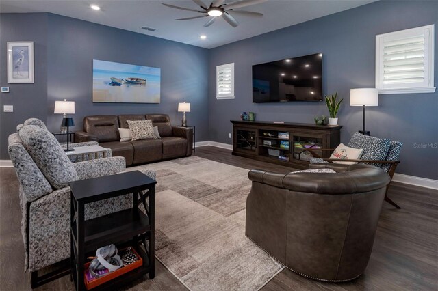 1212 Civitas Way, Winter Garden, FL 34787 - living area featuring a ceiling fan, baseboards, wood finished floors, and recessed lighting