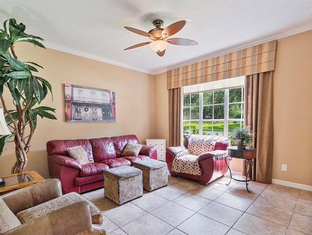 3840 Caledonia Ave, Apopka, FL 32712 - living area featuring a ceiling fan, ornamental molding, light tile patterned floors, and baseboards