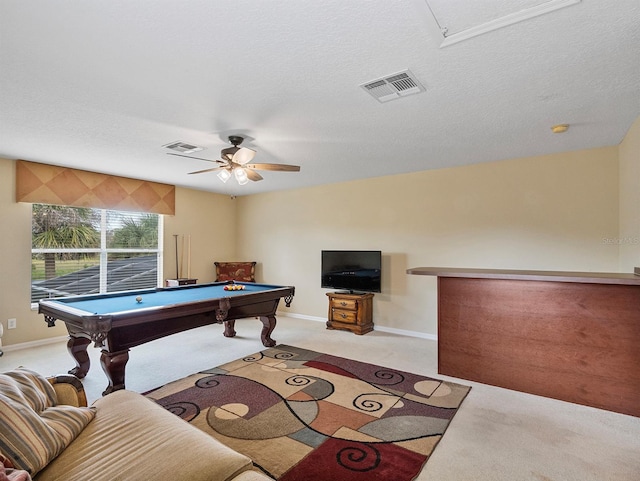 3840 Caledonia Ave, Apopka, FL 32712 - recreation room with pool table, light colored carpet, ceiling fan, baseboards, and a textured ceiling