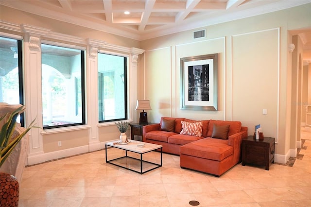 11013 Ullswater Ln, Windermere, FL 34786 - living area featuring beam ceiling, healthy amount of natural light, coffered ceiling, light tile patterned floors, and baseboards