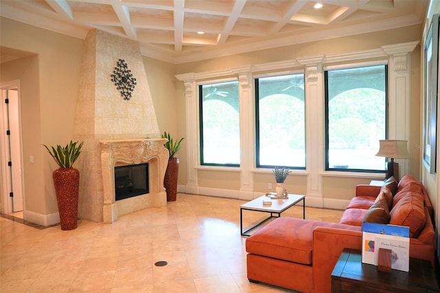 11013 Ullswater Ln, Windermere, FL 34786 - living room with coffered ceiling, plenty of natural light, beamed ceiling, baseboards, and a premium fireplace