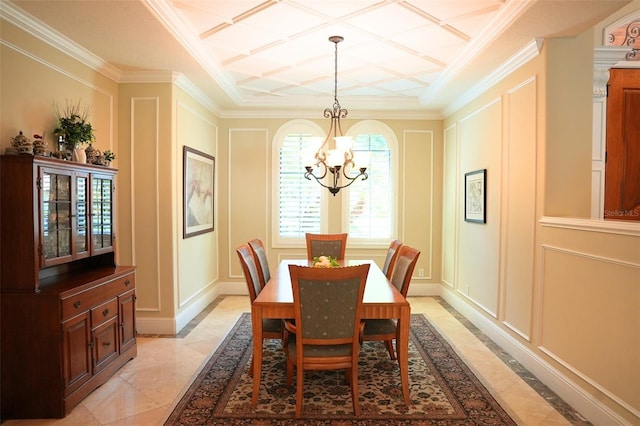 11013 Ullswater Ln, Windermere, FL 34786 - dining area featuring a decorative wall, a chandelier, inlaid floor details, crown molding, and coffered ceiling
