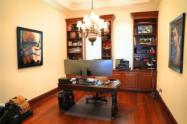 11013 Ullswater Ln, Windermere, FL 34786 - office featuring a chandelier, dark wood-style floors, ornamental molding, and baseboards