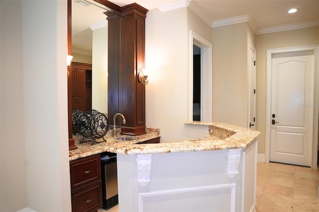 11013 Ullswater Ln, Windermere, FL 34786 - bar area with a sink, ornamental molding, recessed lighting, baseboards, and light tile patterned flooring