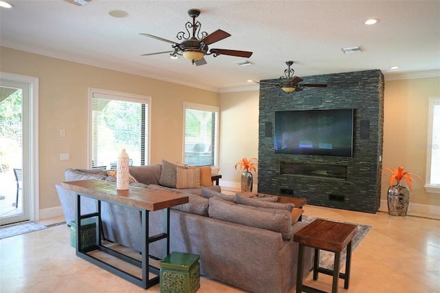 11013 Ullswater Ln, Windermere, FL 34786 - living area with ceiling fan, ornamental molding, baseboards, recessed lighting, and light tile patterned flooring