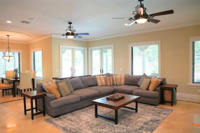 11013 Ullswater Ln, Windermere, FL 34786 - living room with ceiling fan, plenty of natural light, ornamental molding, light tile patterned flooring, and recessed lighting