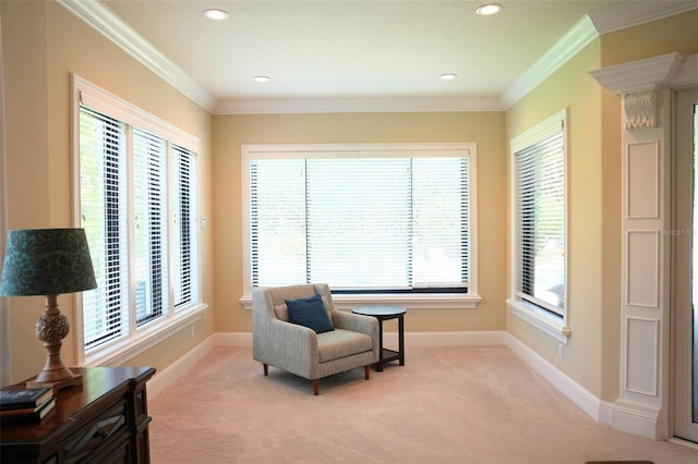 11013 Ullswater Ln, Windermere, FL 34786 - living area featuring light carpet, baseboards, ornamental molding, and recessed lighting
