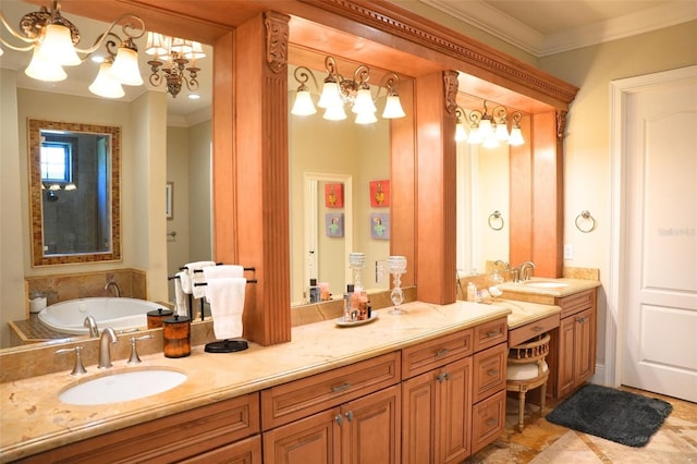 11013 Ullswater Ln, Windermere, FL 34786 - bathroom featuring crown molding, double vanity, a chandelier, and a tub to relax in